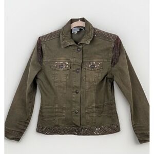 DG2 Diane Gilman Denim Jacket XS Olive Army Green Beaded Fringe Stretch‎